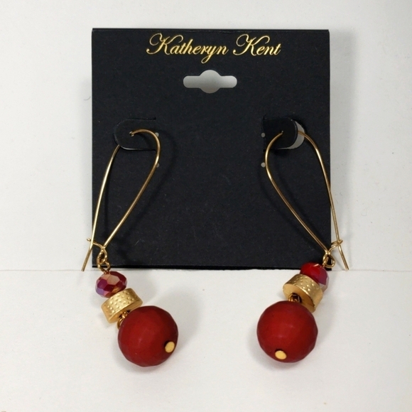 Katheryn Kent Gold-Tone Long Drop Earrings – Burgundy Beads Elegant Design - Picture 3 of 8